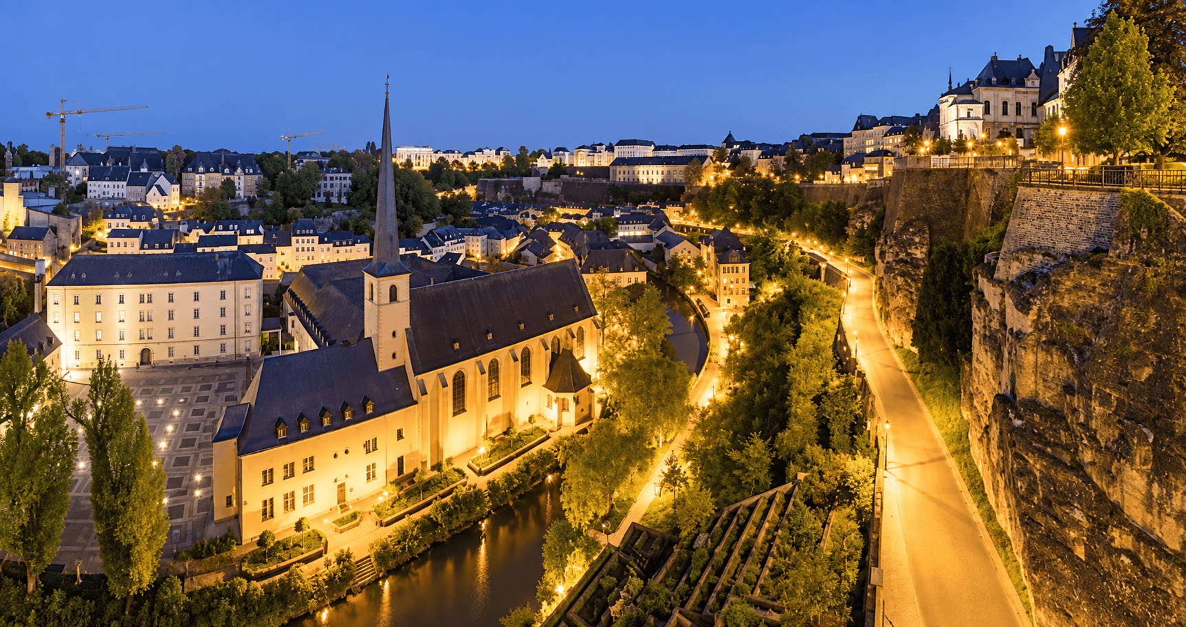 Luxembourg old town overlooking the valley at dusk