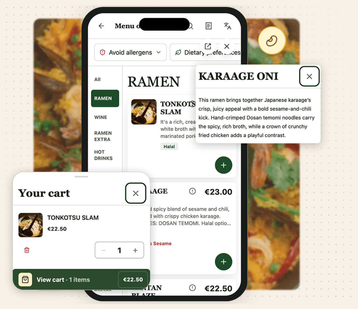 Menukits mobile menu with dish explanations, dietary filters and a shopping cart.