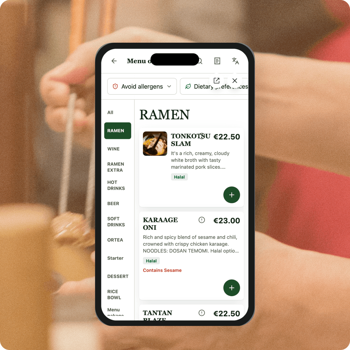Menukits mobile menu showing dish prices and allergen information on a phone.