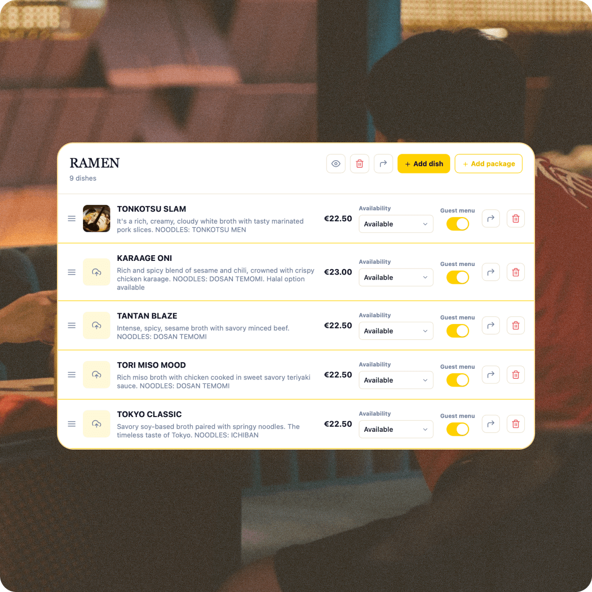 Restaurant menu editor showing dishes, prices and availability.
