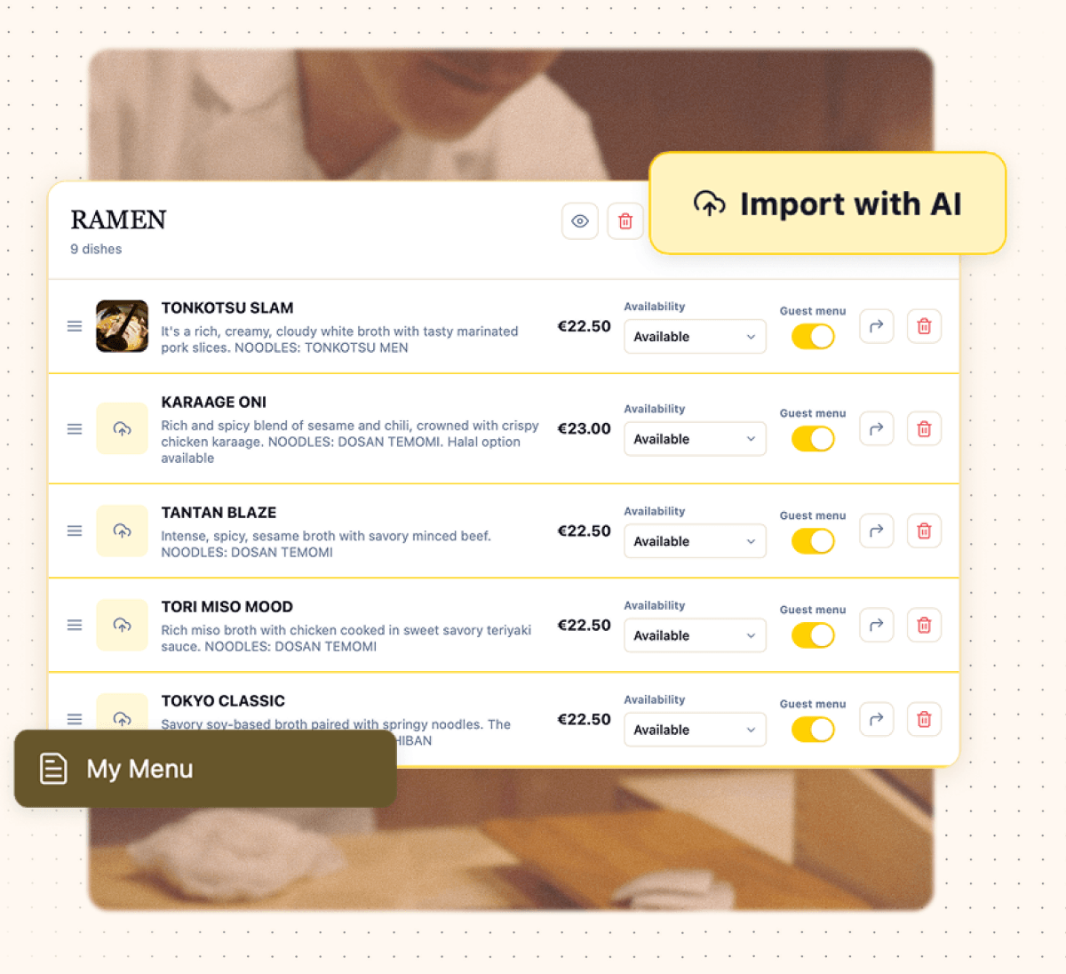 Menukits menu dashboard with dish prices, availability and AI menu import.