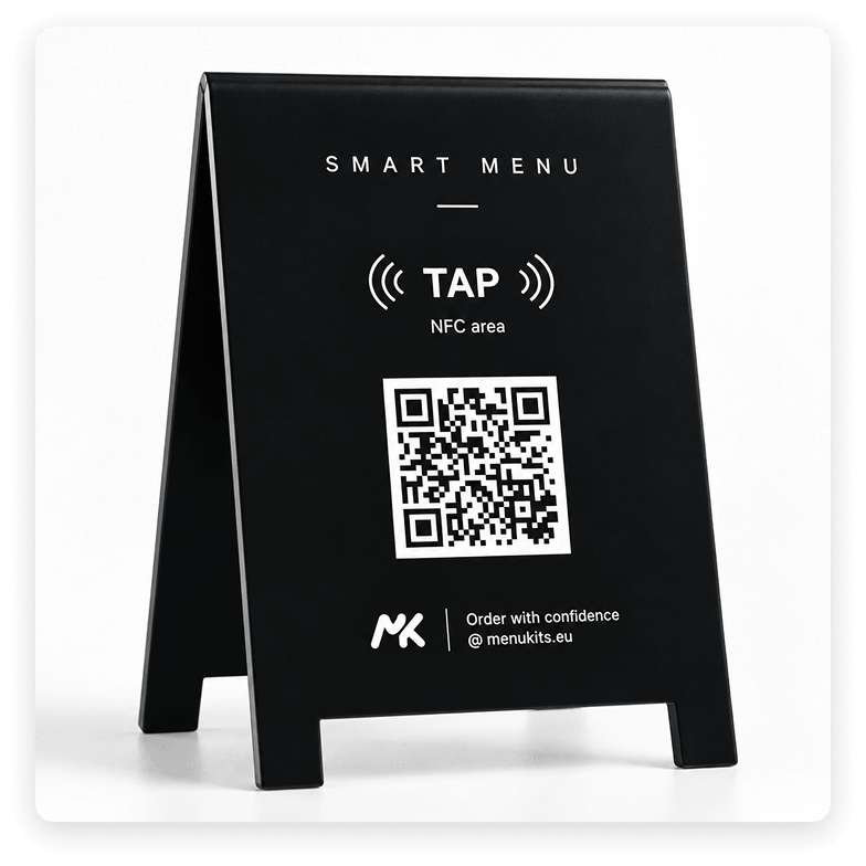 Menukits NFC menu card with a gold rim and printed QR code.