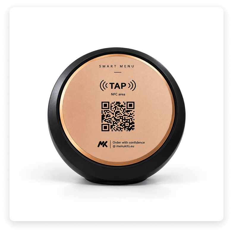 Menukits NFC menu card with a gold rim and printed QR code.