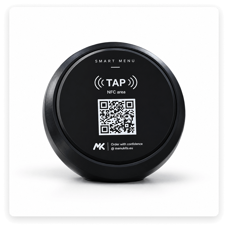 Menukits NFC menu card with a gold rim and printed QR code.
