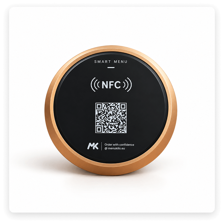 Menukits NFC menu card with a gold rim and printed QR code.