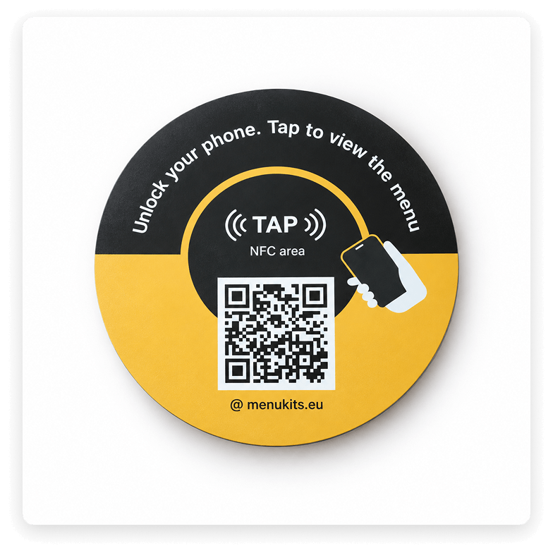 Menukits NFC menu card with a gold rim and printed QR code.