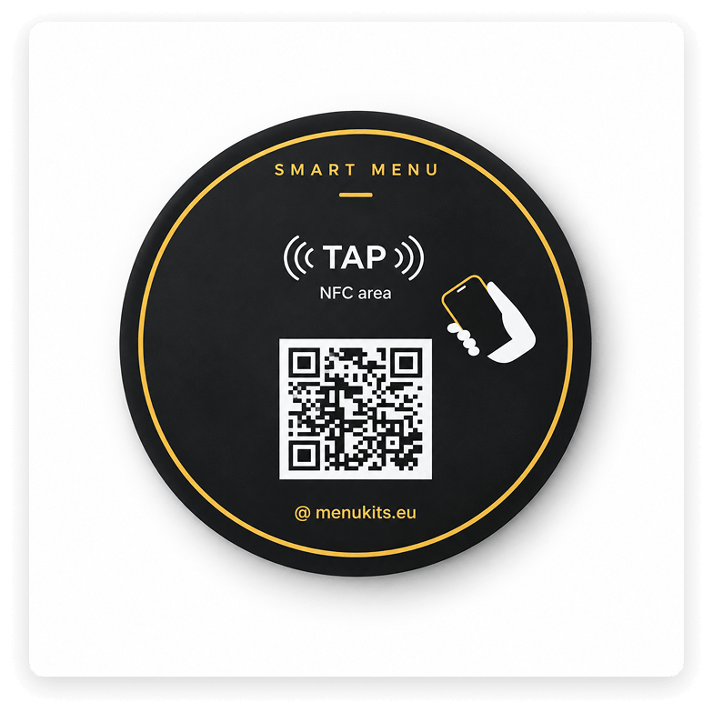 Menukits NFC menu card with a gold rim and printed QR code.
