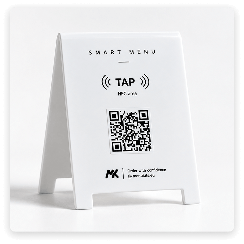 Menukits NFC menu card with a gold rim and printed QR code.