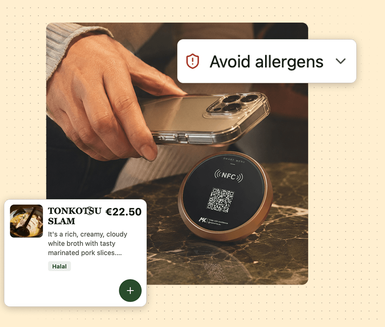 A guest tapping a phone on a Menukits NFC table card, with digital dish and allergen information.